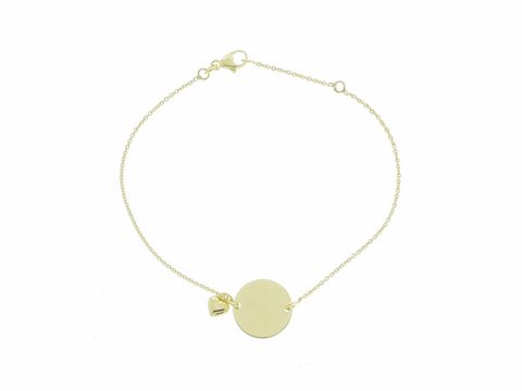Armband mit runder Gravurplatte und Herz aus Silber vergoldet, individuell gestaltbar, Länge 19,5 cm, Hersteller Juwelier Harnisch, elegante und persönliche Geschenkidee.