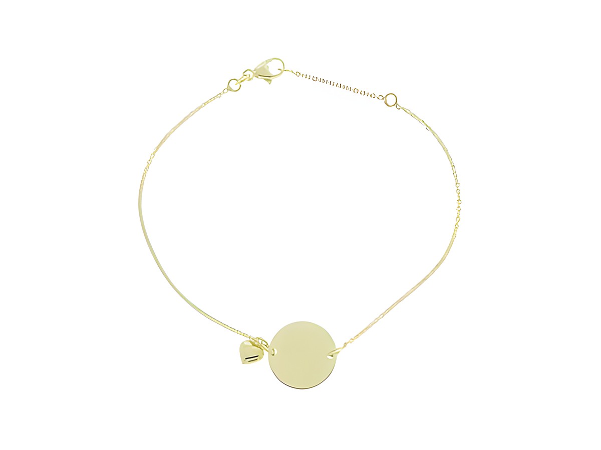 Armband mit runder Gravurplatte und Herz aus Silber vergoldet, individuell gestaltbar, Länge 19,5 cm, Hersteller Juwelier Harnisch, elegante und persönliche Geschenkidee.