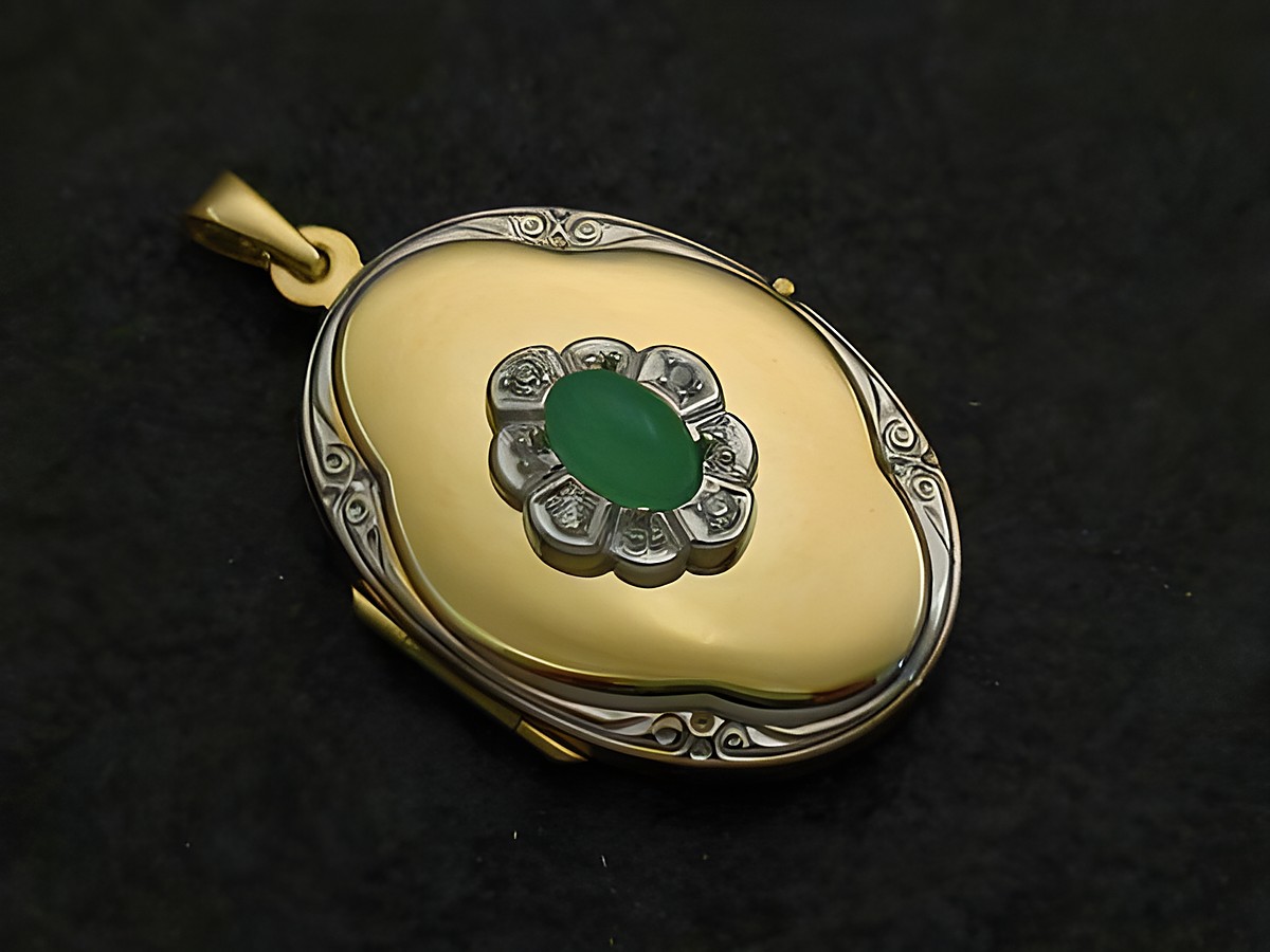 Chrysopras Grün Medaillon Cabochon Gold 585 bicolor mit Brillanten, elegant verarbeitet vom Juwelier Harnisch, in Gelbgold 585, zeitloses Schmuckstück.