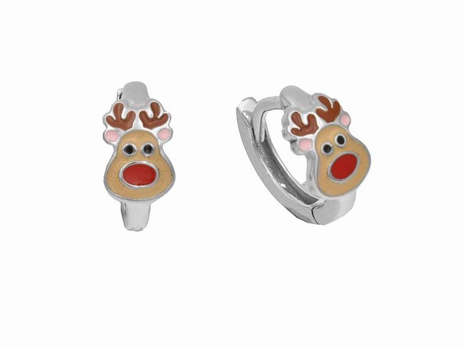 Ohrringe in Form von Rentierköpfen mit buntem Lack, 1,3 cm groß, aus rhodiniertem Sterling Silber, geeignet für Kinder, hergestellt von Juwelier Harnisch.
