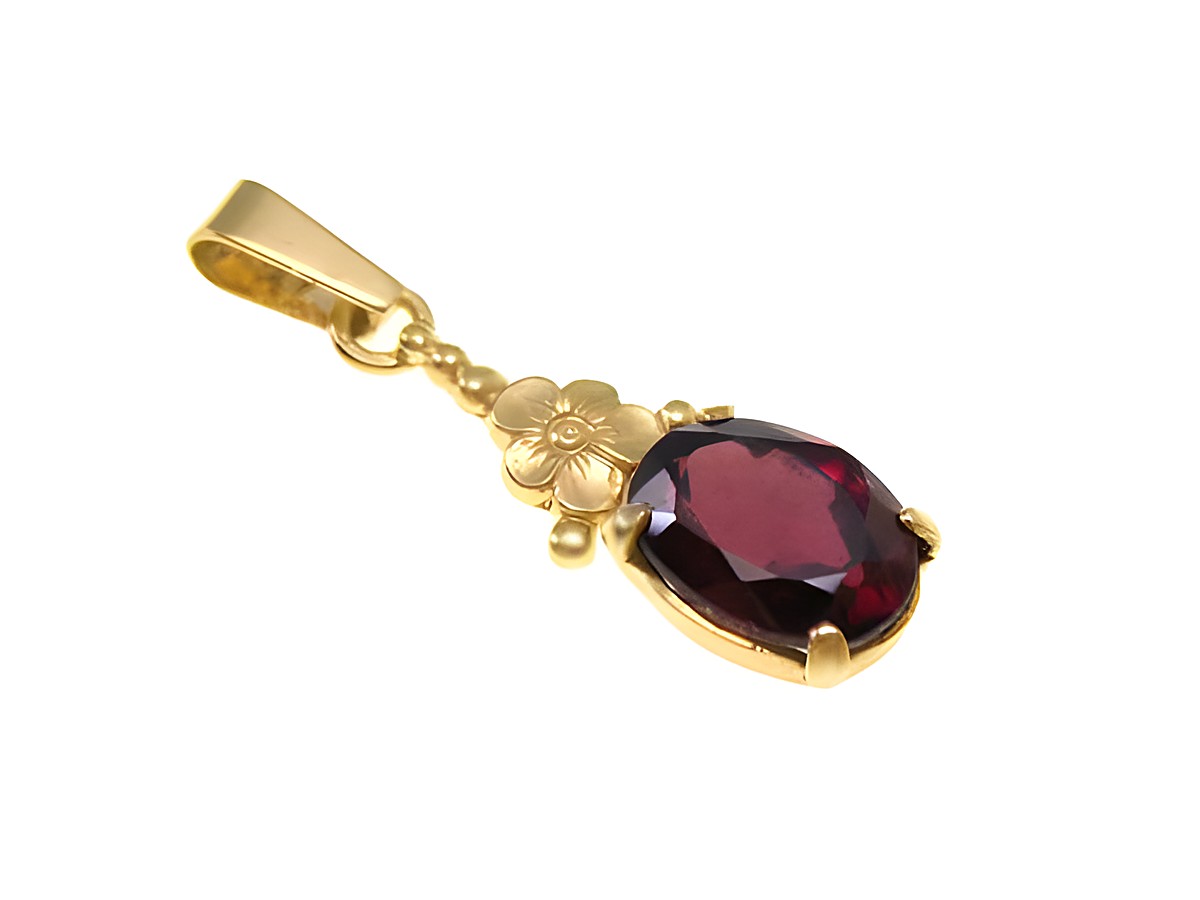 Granat Gold Anhänger 19 mm dunkelrot von Juwelier Harnisch mit floralem Design und hochwertiger Fassung, ideal als Schmuckstück für besondere Anlässe.