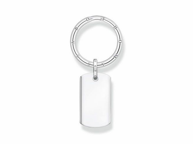 Thomas Sabo Gravur Schlüsselring mit Column-Tag-Anhänger aus geschwärztem Silber, runder Schlüsselring mit gravierbarem Anhänger, elegante und moderne Accessoire für persönliche Notizen oder Geschenke.