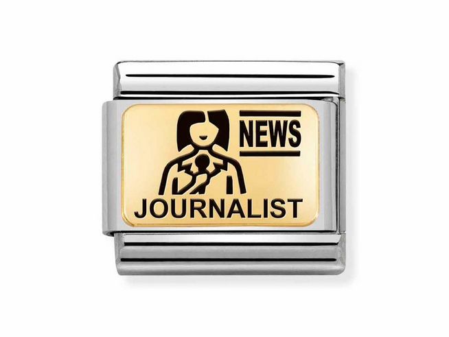 Ein charm von Nomination aus Edelstahl und 585er Gold, emailliert, zeigt das Wort Journalist zusammen mit einer stilisierten Darstellung einer Journalistin und dem Wort News.