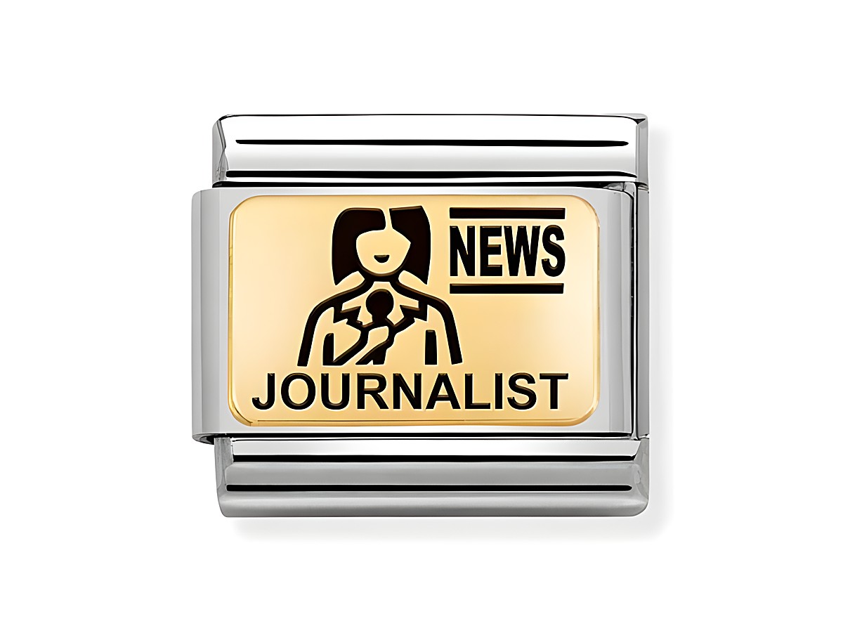 Ein charm von Nomination aus Edelstahl und 585er Gold, emailliert, zeigt das Wort Journalist zusammen mit einer stilisierten Darstellung einer Journalistin und dem Wort News.