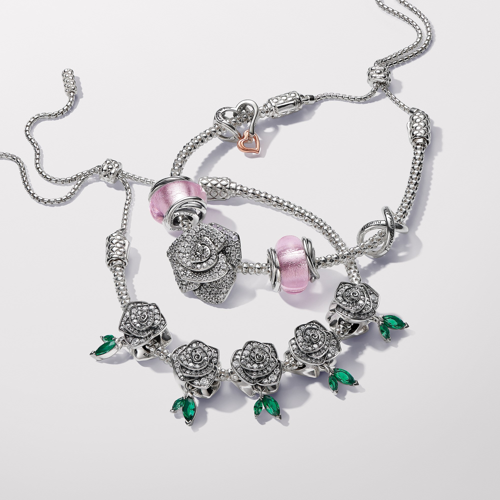 Pandora Funkelnde Blühende Rose - Charm - Silber - Steinmix Grün – Ansicht 4