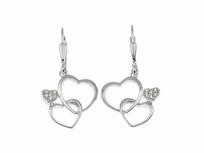 Ohrhänger Dreifache Liebe aus rhodiniertem Sterling Silber mit funkelndem Stein, gestaltet in der Form von ineinandergreifenden Herzen, Hersteller Juwelier Harnisch.