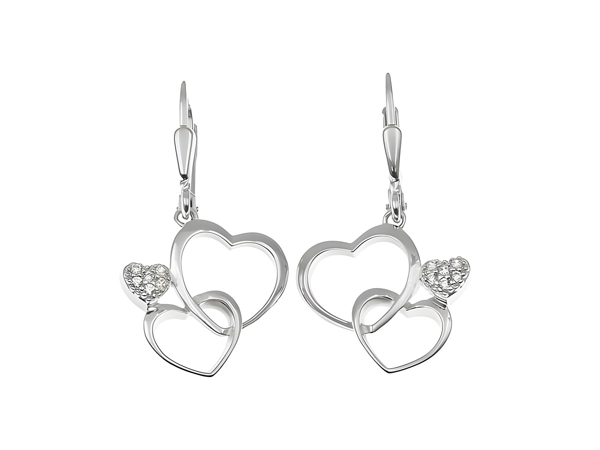 Ohrhänger Dreifache Liebe aus rhodiniertem Sterling Silber mit funkelndem Stein, gestaltet in der Form von ineinandergreifenden Herzen, Hersteller Juwelier Harnisch.