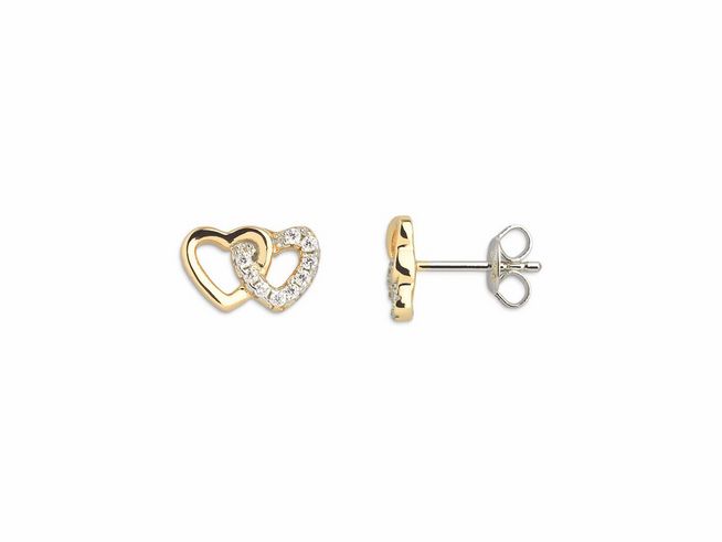 Xenox Sterling Silber Ohrringe XS3740GN LOVE STORY in vergoldetem Gelbgold mit zwei ineinandergreifenden Herzen, funkelnde Zirkonia, eleganter Ohrschmuck für besondere Anlässe.