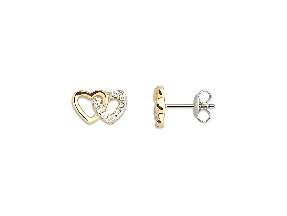 Xenox Sterling Silber Ohrringe XS3740GN LOVE STORY in vergoldetem Gelbgold mit zwei ineinandergreifenden Herzen, funkelnde Zirkonia, eleganter Ohrschmuck für besondere Anlässe.