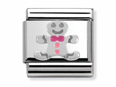 Lebkuchenmännchen aus Emaille in pink und silber, für die Nomination SilverShine Classic Kollektion, auf einem glänzenden Metallgrund mit fröhlichem Gesicht und Schleife.