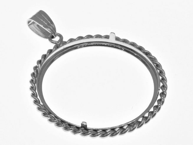 Münzfassung Anhänger aus rhodiniertem 925 Sterling Silber mit Kordel-Design, geeignet für Münzen bis 3,5 cm Durchmesser, hergestellt von Juwelier Harnisch.