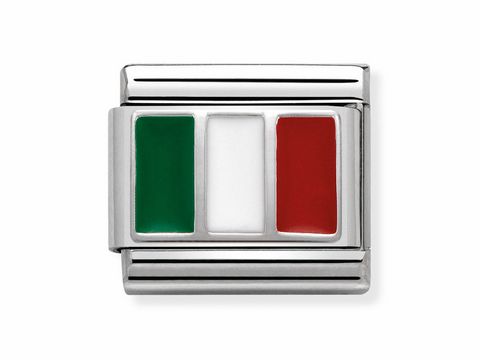 Das Bild zeigt einen composable Classic Charm von Nomination mit der Flagge Italiens. Die Flagge besteht aus drei verticalen Streifen in grün, weiß und rot und hat eine silberne Umrandung.
