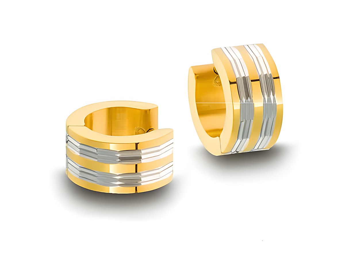 Edelstahl Creolen mit Funkelschliff in Goldfarben und Bicolor, Durchmesser 1,3 cm und Breite 6,8 mm, Hersteller Juwelier Harnisch. Modernes Design für eleganten Schmuck.