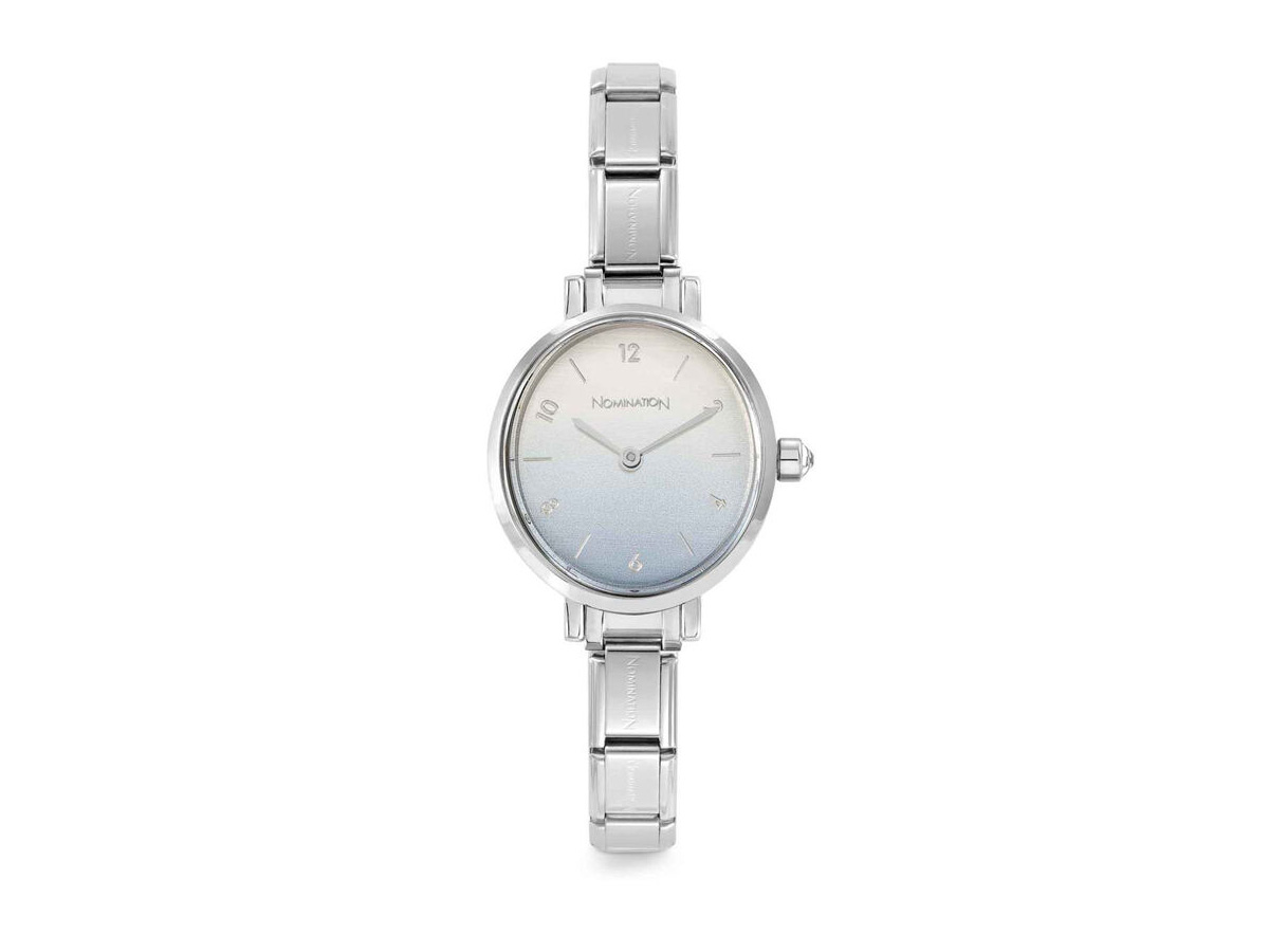 Elegante TIME Edelstahl Armbanduhr in ovaler Form mit einem Zifferblatt in Blauabstufung, gefertigt von der Marke Nomination. Ideal für stilbewusste Träger.