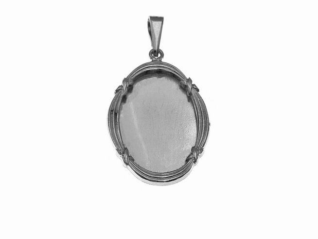 Offenes Silber Medaillon für ein Foto, rhodiniert, oval, mit filigranem Rand, hergestellt von Juwelier Harnisch, ideal als persönliches Schmuckstück oder Geschenk.