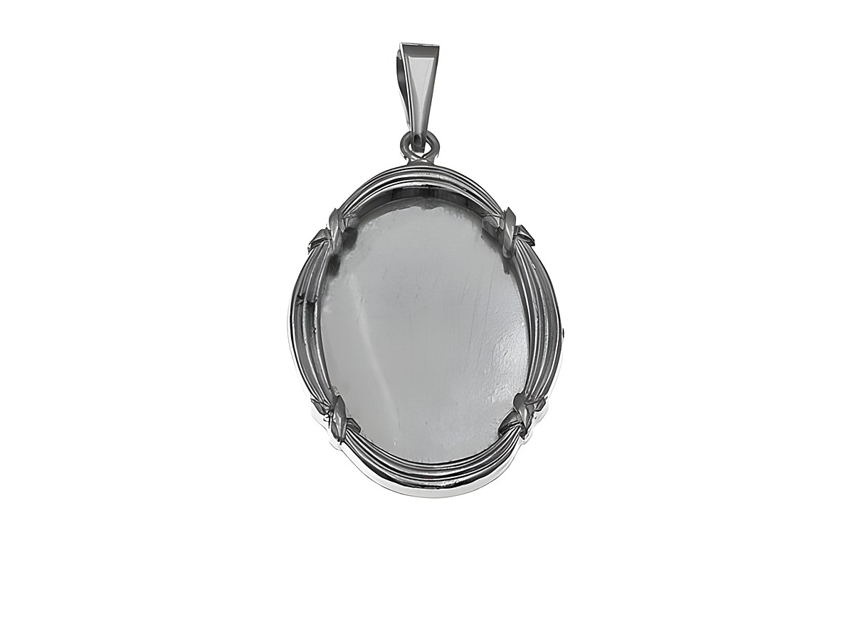 Offenes Silber Medaillon für ein Foto, rhodiniert, oval, mit filigranem Rand, hergestellt von Juwelier Harnisch, ideal als persönliches Schmuckstück oder Geschenk.