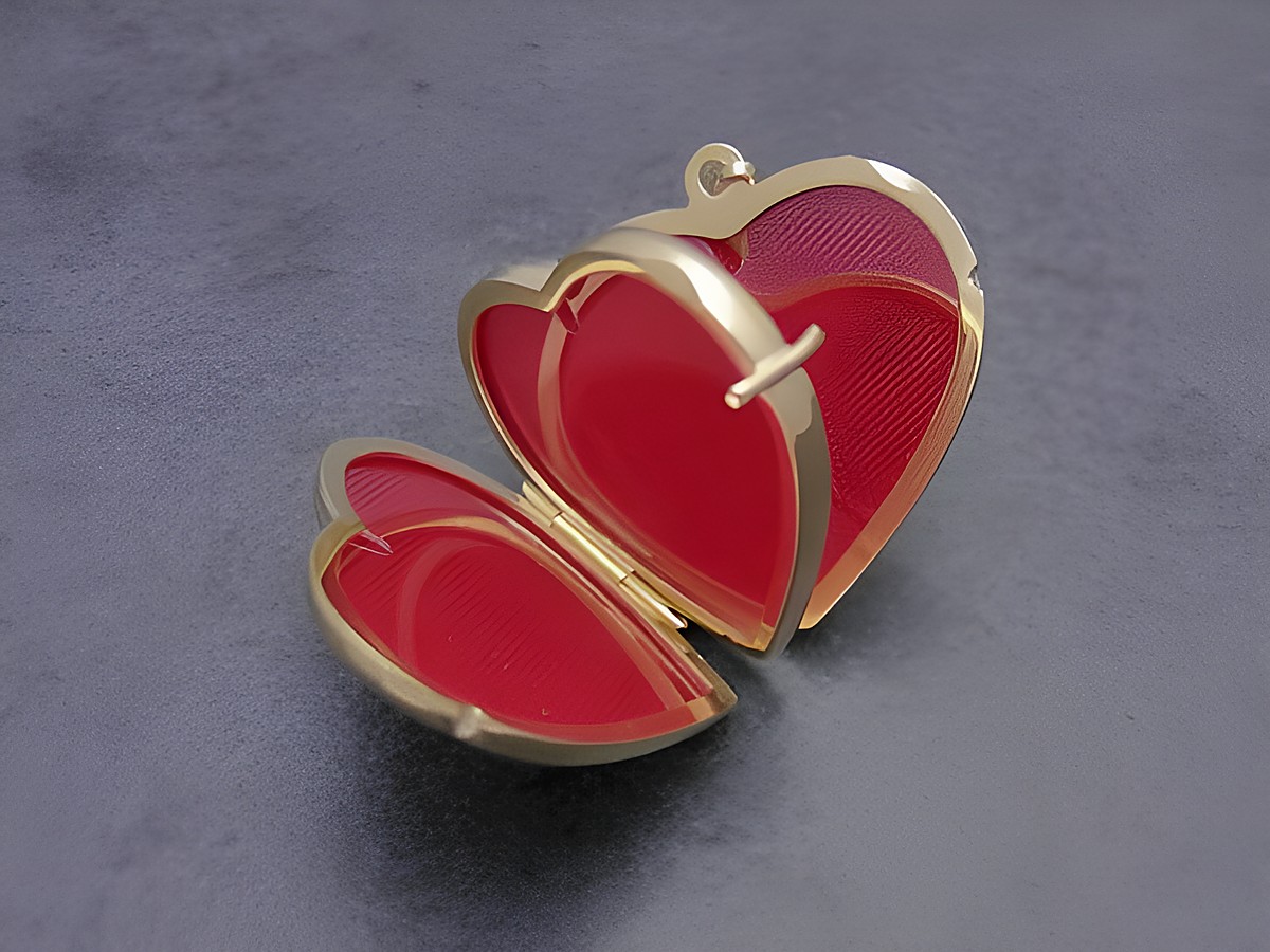 Herz Medaillon aus poliertem Gold 750, öffnend, mit rotem Innenraum, geeignet für 4 Bilder, Hersteller Juwelier Harnisch, elegantes und romantisches Schmuckstück. – Ansicht 2
