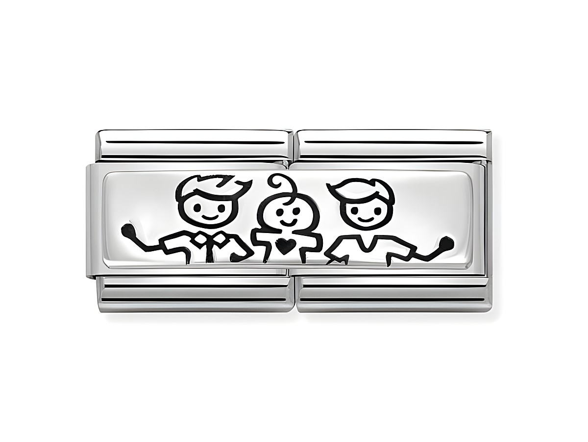Zwei stilisierte Väter mit einem Baby sind in glänzendem Edelstahl und Sterling Silber abgebildet, die eine herzliche Familie symbolisieren, perfekt für den Schmuck von Nomination.