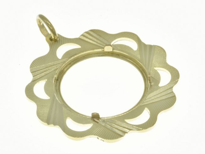 Münzfassung Anhänger aus 585 Gold mit Blumenrand und Diamantschliff, maximaler Durchmesser für Münzen 19,8 mm, hergestellt von Juwelier Harnisch.
