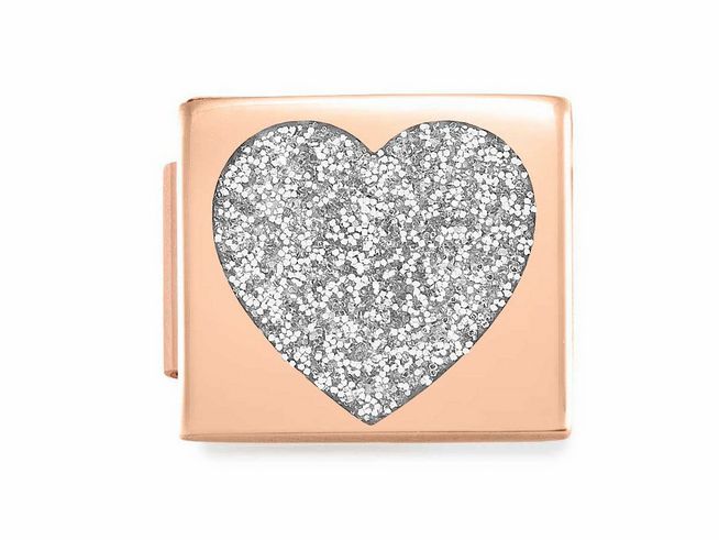 Charm von Nomination Classic mit Edelstahl und Emaille in Roségold, Herz in Silber Glitter, ideal für individuelle Armbänder, glänzende Akzente für jeden Look.