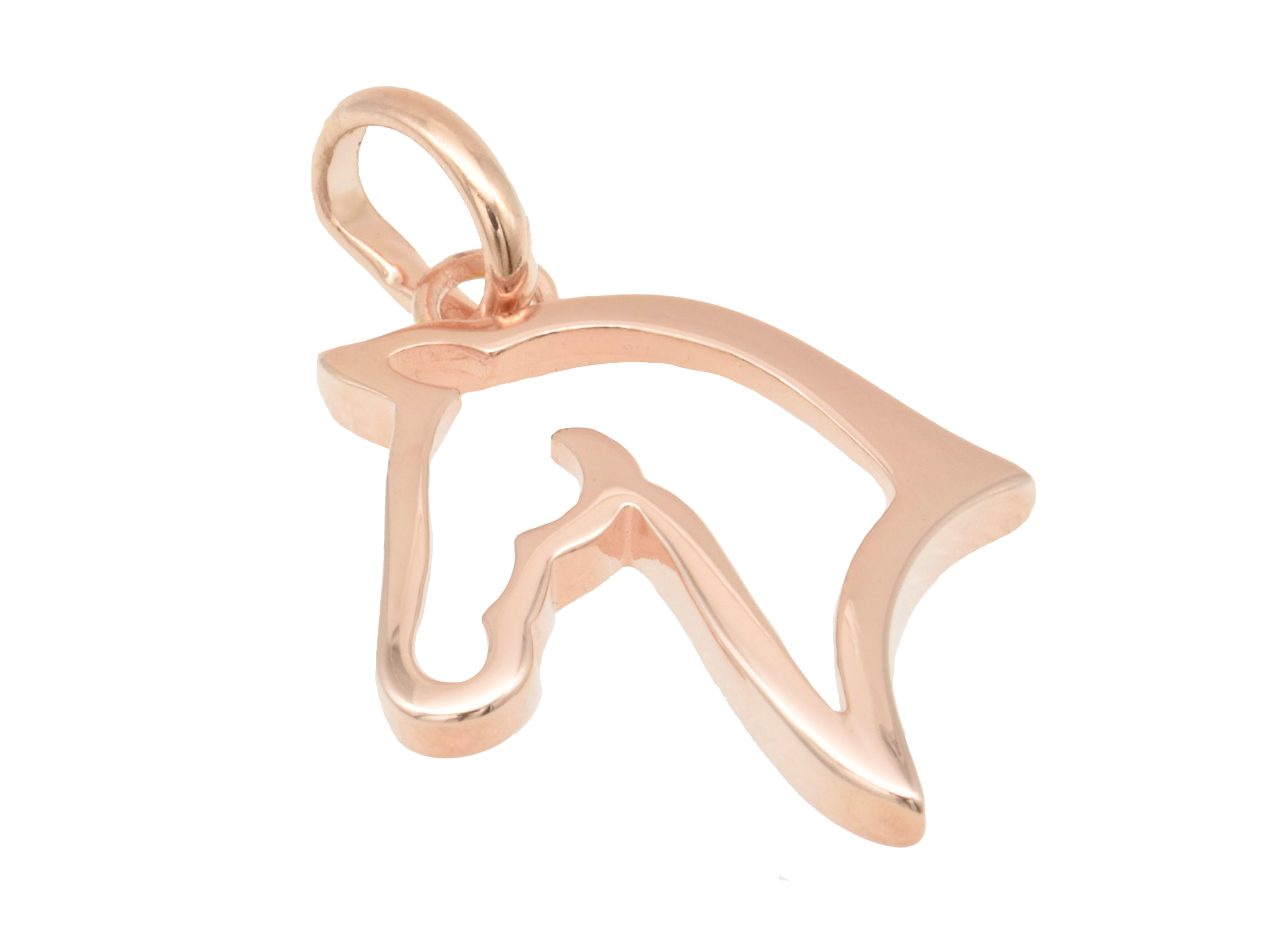 Silber Anhänger mit dem Motiv eines Pferdekopfes, aus roségold vergoldet und poliert, hergestellt von Juwelier Harnisch, für Tierliebhaber geeignet.