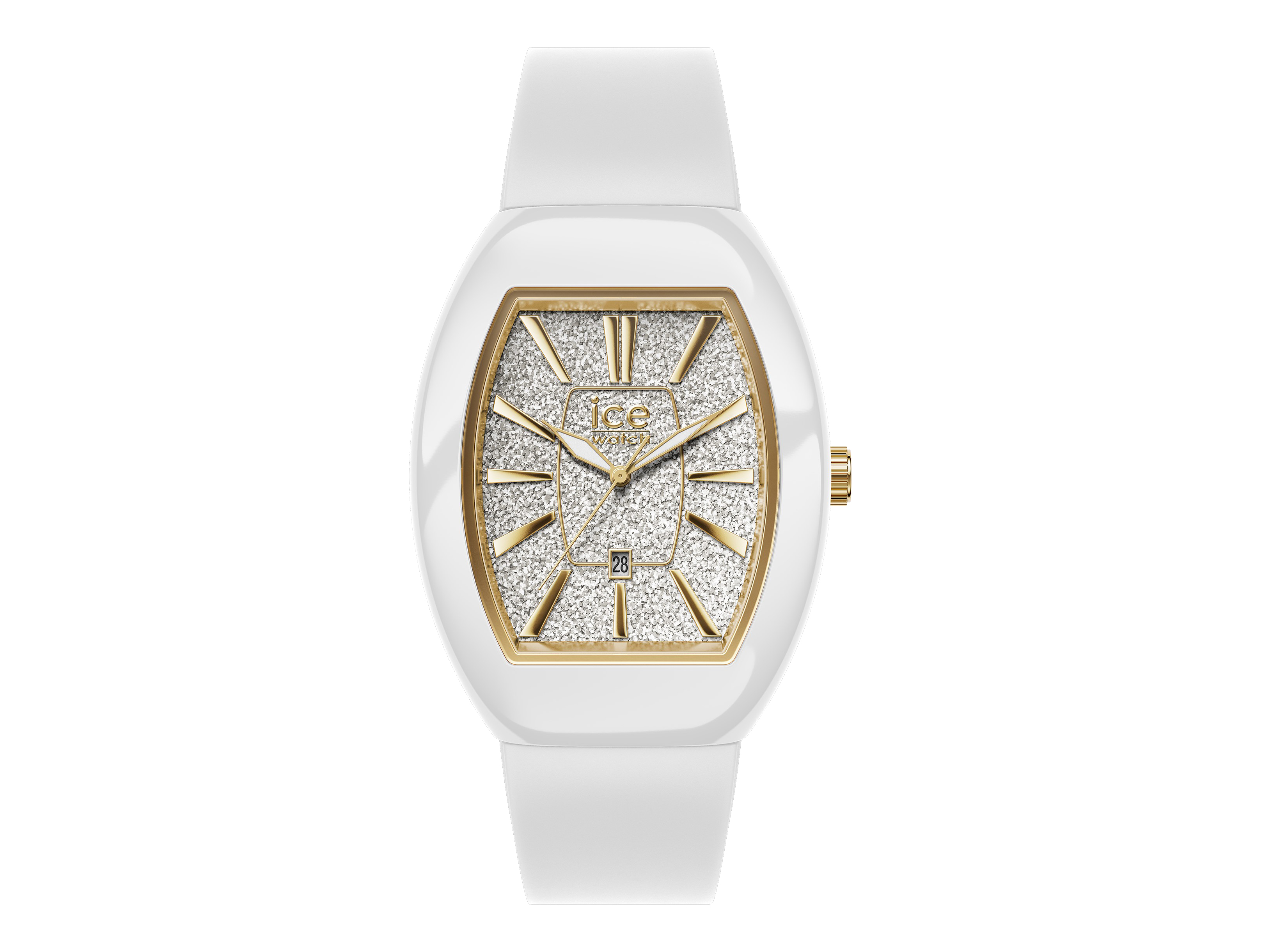 Die Ice Watch 024033 ICE boliday Uhr in Weiß zeigt ein glitzerndes Ziffernblatt mit goldenen Details und einem weißen Armband, ideal für stilbewusste Trägerinnen.