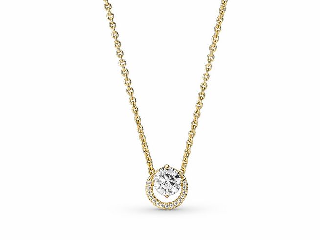 Funkelnde runde Strahlenkranz-Halskette aus gelbgoldvergoldetem Material mit Zirkonia, 45 cm lang, elegant und strahlend, ideal für besondere Anlässe.