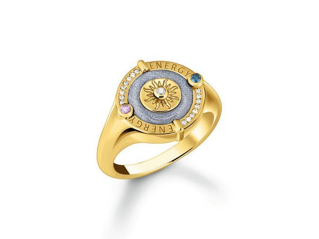 Silberner Siegelring von Thomas Sabo mit goldenem Sonnenmotiv, Glas-Keramik Stein, Emaille und bunten Zirkonia, gefertigt aus hochwertigem Material in Größe 60.