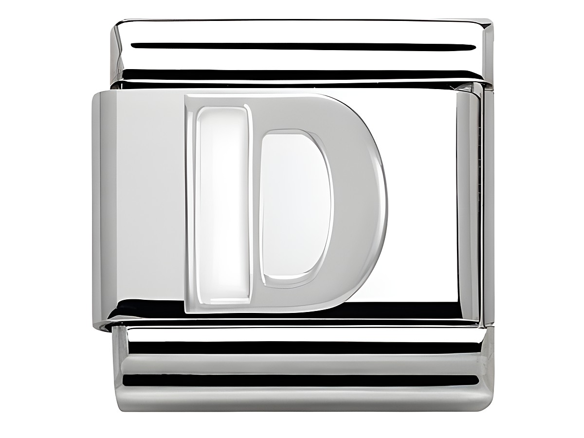 Buchstabe D aus Emaille in klassischem Silberdesign von Nomination, glänzende Oberfläche mit moderner Schriftart, ideal für Schmuckstücke.