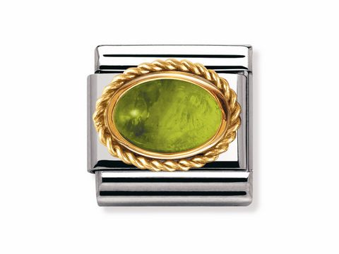 NOMINATION Classic Kordel PERIDOT Goldrand 030508 05, ovaler Anhänger mit grünem Stein in goldener Umrandung, elegantes Design aus hochwertigem Edelstahl, ideal für individuelle Armbänder.