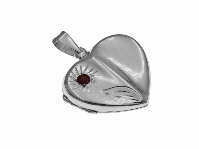 Herz mit Granat aus Sterling Silber, verziert mit einer sonnenähnlichen Gravur und einer dunkelroten Granatstein, gefertigt von Juwelier Harnisch, elegantes und romantisches Medaillon.