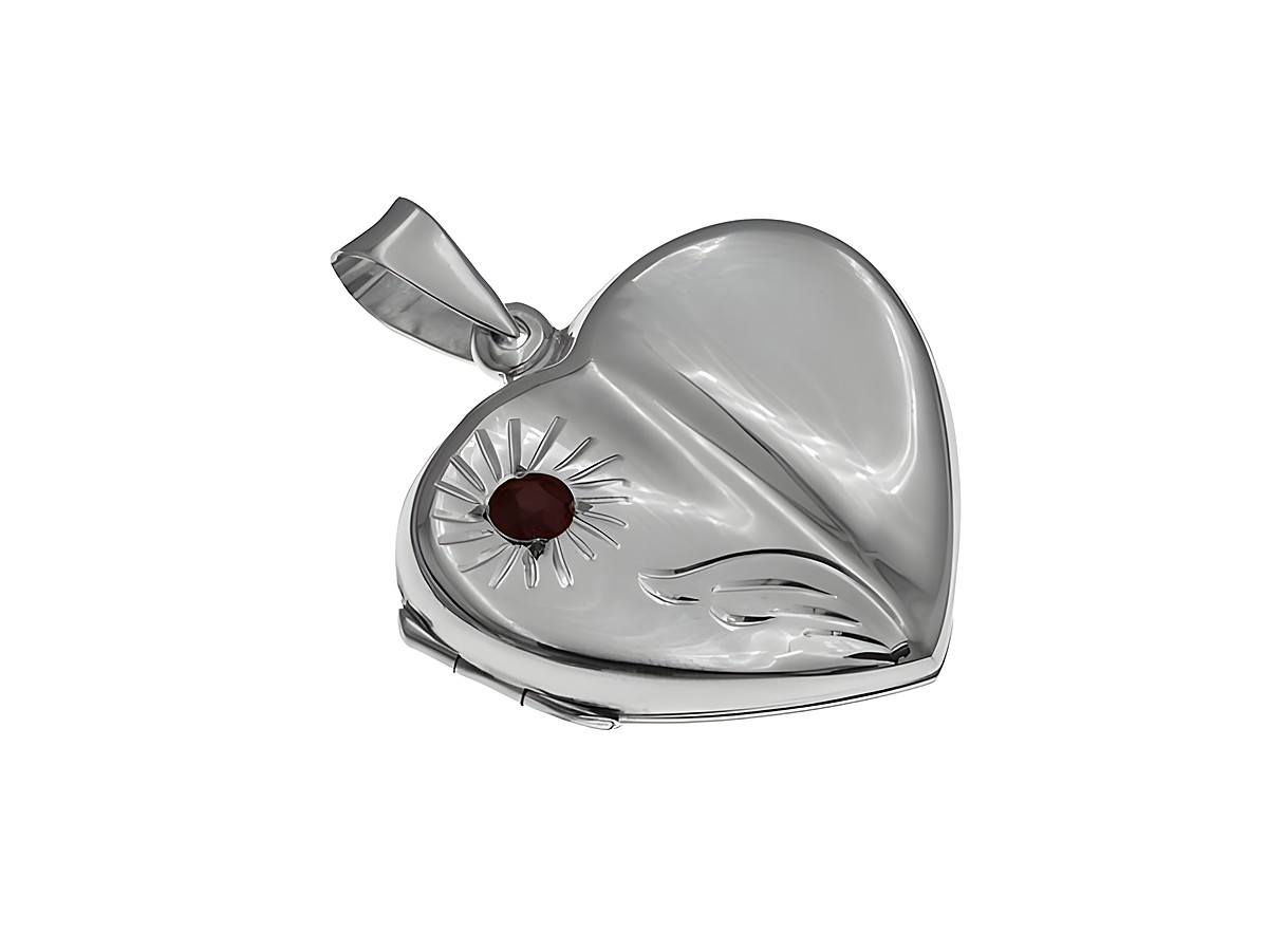 Herz mit Granat aus Sterling Silber, verziert mit einer sonnenähnlichen Gravur und einer dunkelroten Granatstein, gefertigt von Juwelier Harnisch, elegantes und romantisches Medaillon.