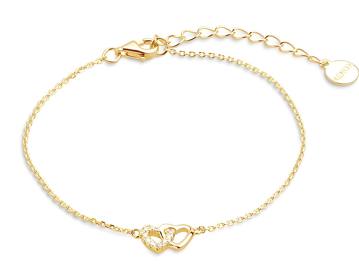 Zartes Xenox Sterling Silber Armband XS3570G in Gelbgold Vergoldung mit Ankerkette und Herzmotiv, verziert mit funkelnden Elementen, für Handgelenke von 15 bis 18,5 cm.