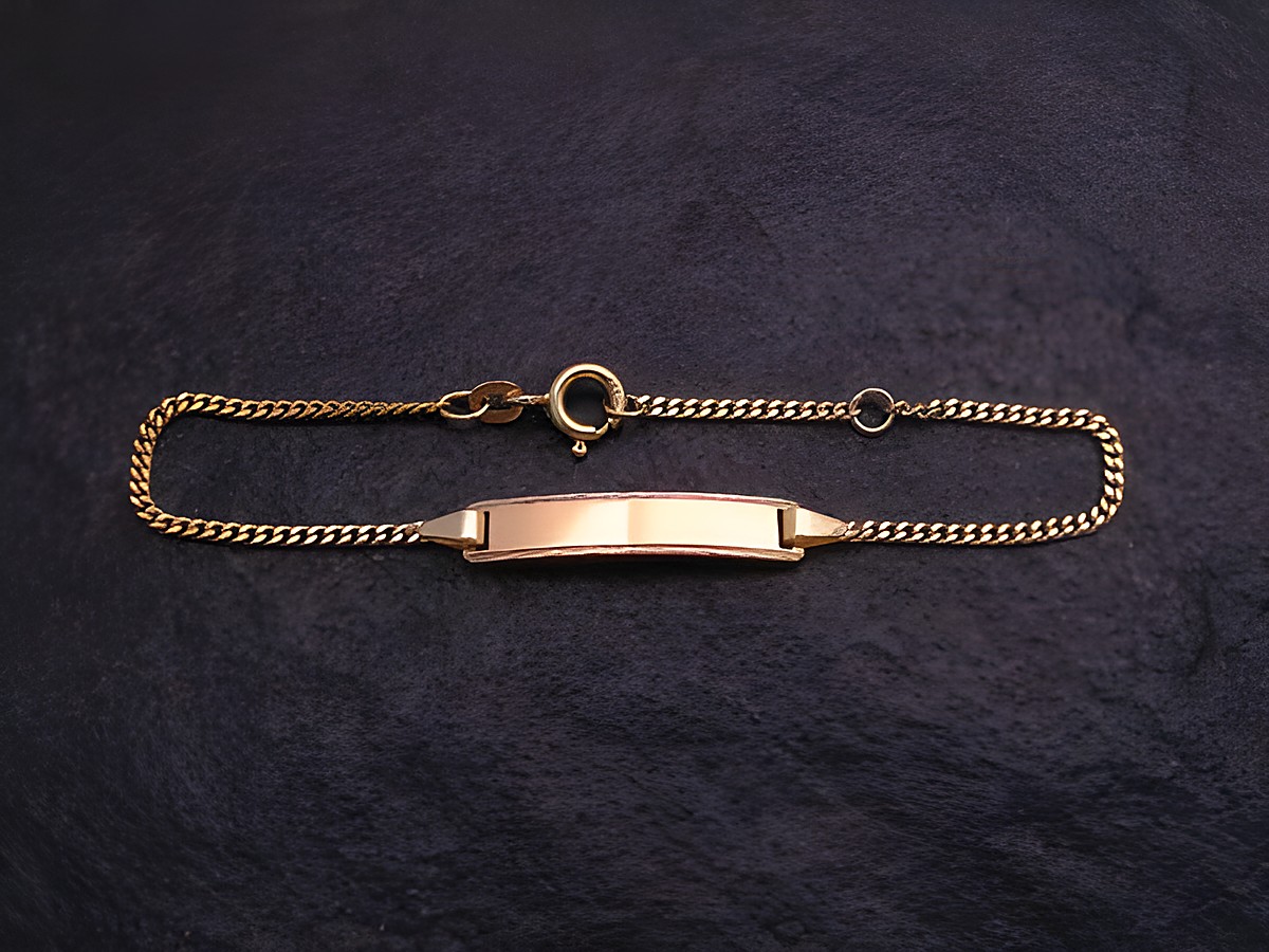Armband mit Gravurplatte aus Gold 585, Länge 16 cm, PANZER-Design, Hersteller Juwelier Harnisch, ideal für individuelle Gravuren.
