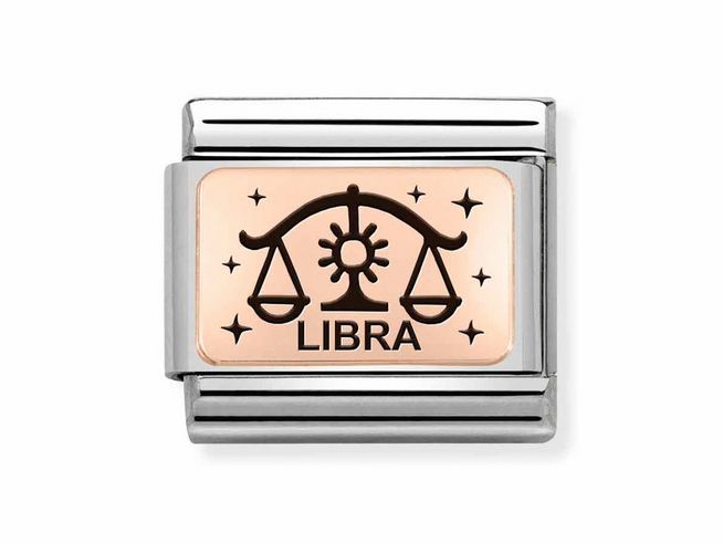 Charm aus Edelstahl und Roségold mit dem Sternzeichen Waage, abgebildet sind eine Waage und der Schriftzug LIBRA, umgeben von kleinen Sternen.