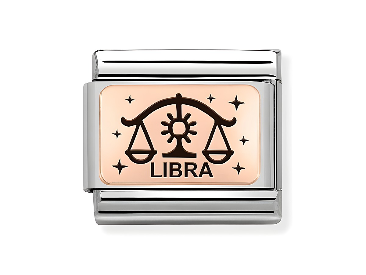 Charm aus Edelstahl und Roségold mit dem Sternzeichen Waage, abgebildet sind eine Waage und der Schriftzug LIBRA, umgeben von kleinen Sternen.