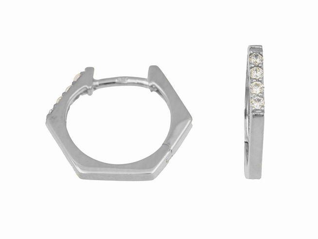 Creolen in hexagonaler Form aus rhodiniertem Sterling Silber mit einem Durchmesser von 1,6 cm, verziert mit funkelnden Steinen, ideal für eleganten Schmuckstil.