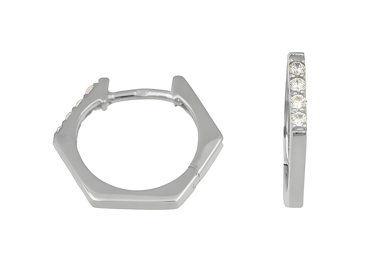 Creolen in hexagonaler Form aus rhodiniertem Sterling Silber mit einem Durchmesser von 1,6 cm, verziert mit funkelnden Steinen, ideal für eleganten Schmuckstil.