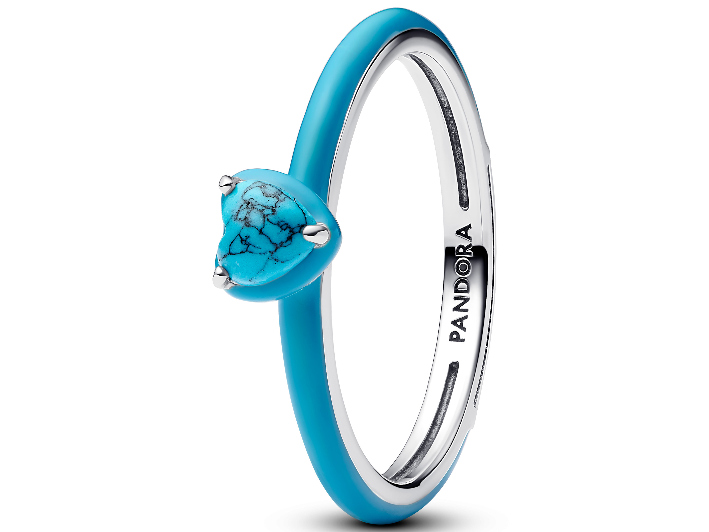Türkisfarbener Herz Stein Ring aus Sterling Silber in Größe 46, designt von Pandora, mit einem einzigartigen, gefärbten Herzen und elegantem, schlichtem Design.