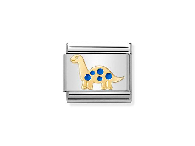 Das Bild zeigt ein Schmuckelement der Marke Nomination mit einem Brontosaurus-Motiv in 585 Gelbgold und blauer Emaille auf einem silbernen Hintergrund.