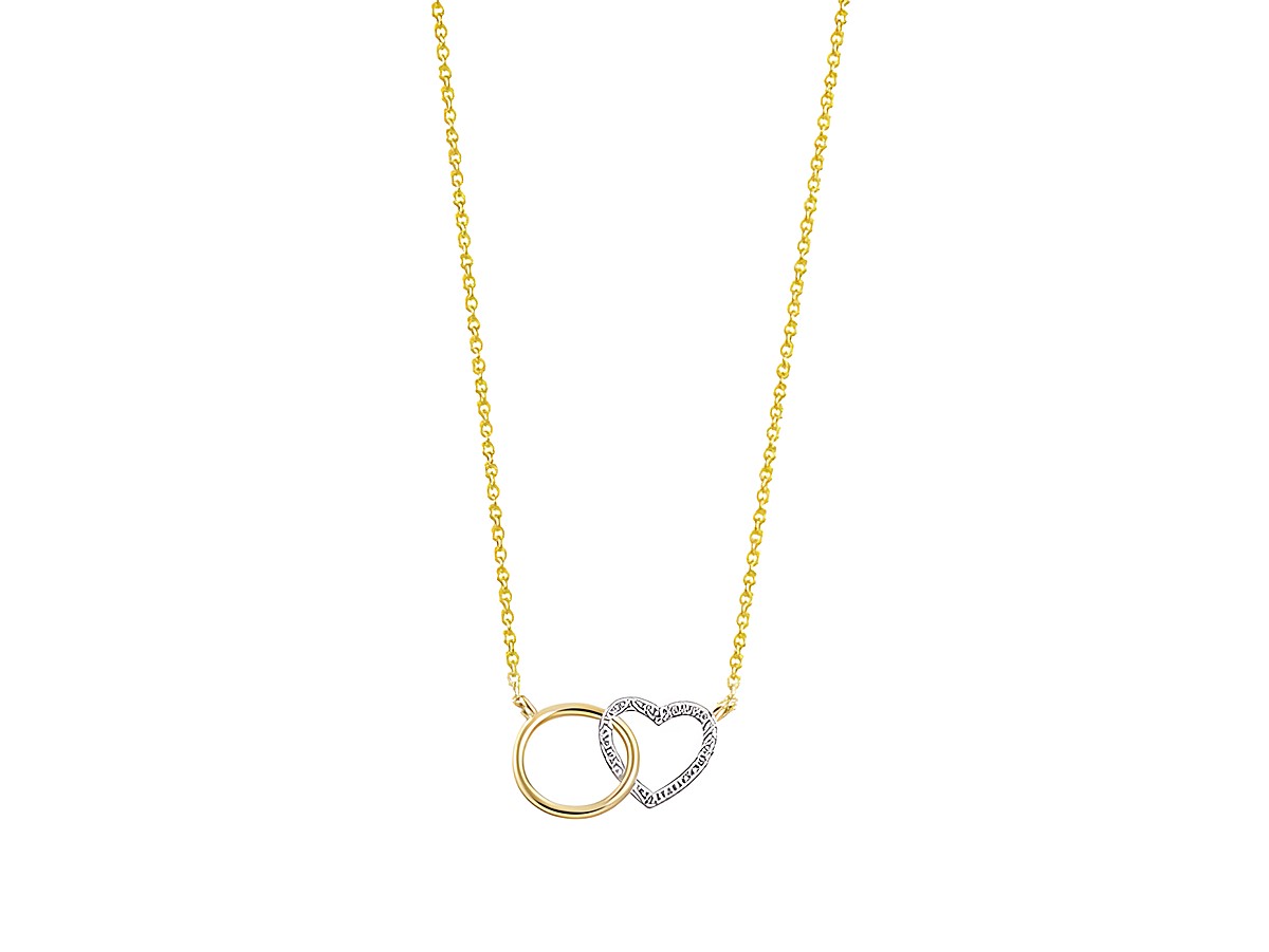 XENOX Sterling Silber Kette XS3611G in Gelbgold Vergoldung mit Karreekette, Herzanhänger und einem weiteren Ring, ideal für die LOVE STORY Kollektion. Länge 40-45 cm.