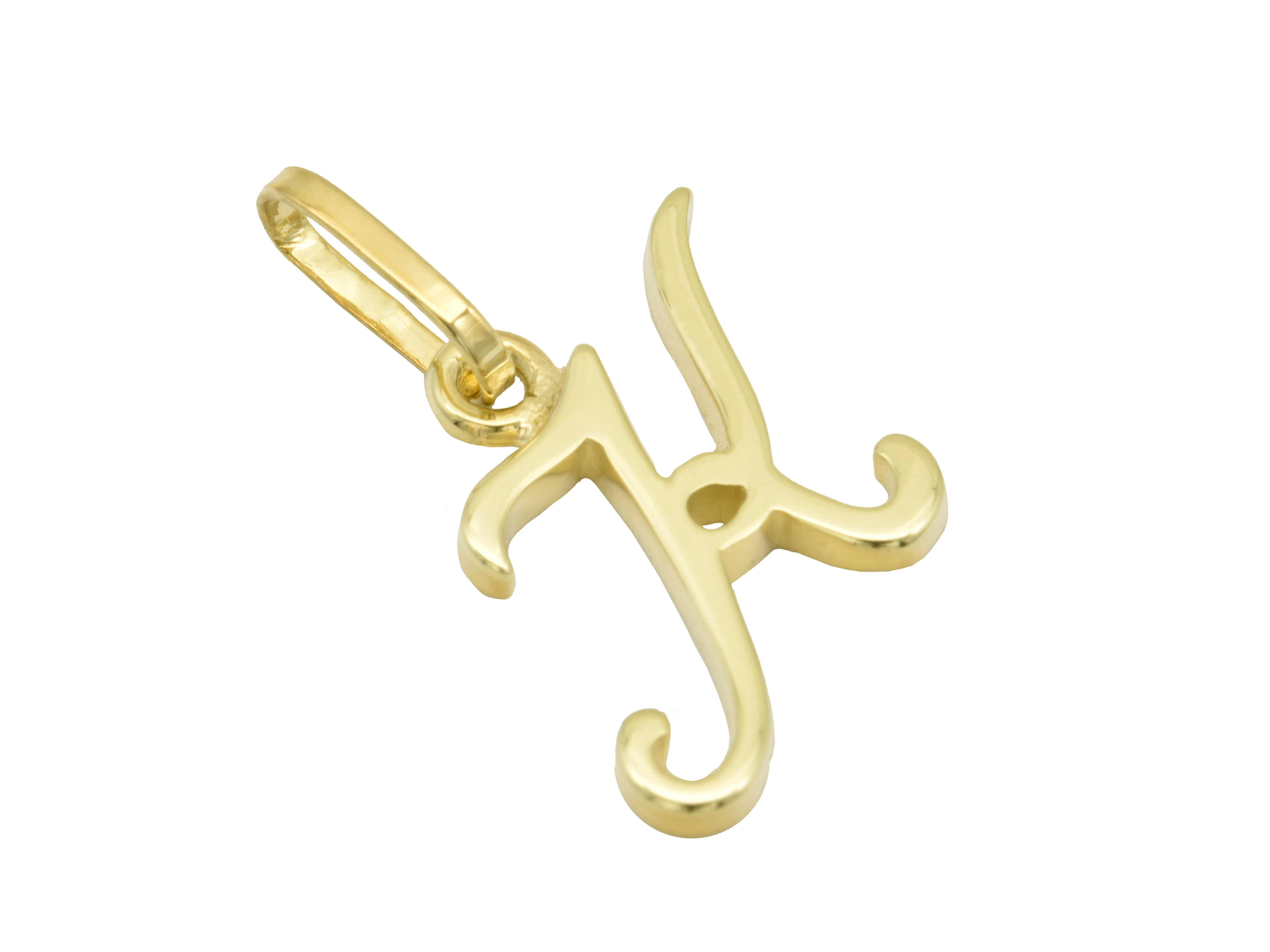 Buchstaben Anhänger K aus Gelbgold 333, poliert, gefertigt vom Juwelier Harnisch, präsentiert eine elegante, geschwungene Gestaltung des Buchstabens K. Ideal als Schmuckstück.