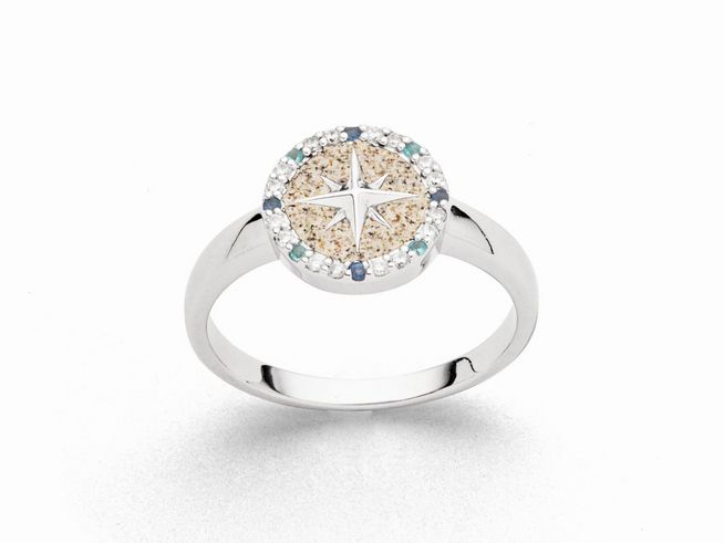 Silberner Ring mit rhodiniertem Finish, runder Sand- und Zirkonia-Applikation in der Mitte, Motiv einer Kompassrose, elegantes Design, Größe 54, DUR Kompassrose 2.0.