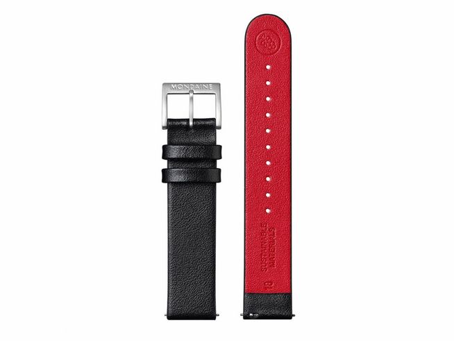 Lederarmband FGM.3118.21Q.K von Mondaine in schwarz, gefertigt aus veganem Traubenleder, 18 mm breit, mit Schliesse und roter Innenseite, ideal als Ersatzarmband für Uhren.
