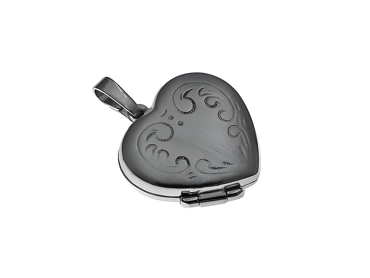 Herz Medaillon aus Sterling Silber, rhodiniert und mattiert, mit floralem Muster, hergestellt von Juwelier Harnisch, verleiht eine elegante Note und persönlichen Charme.