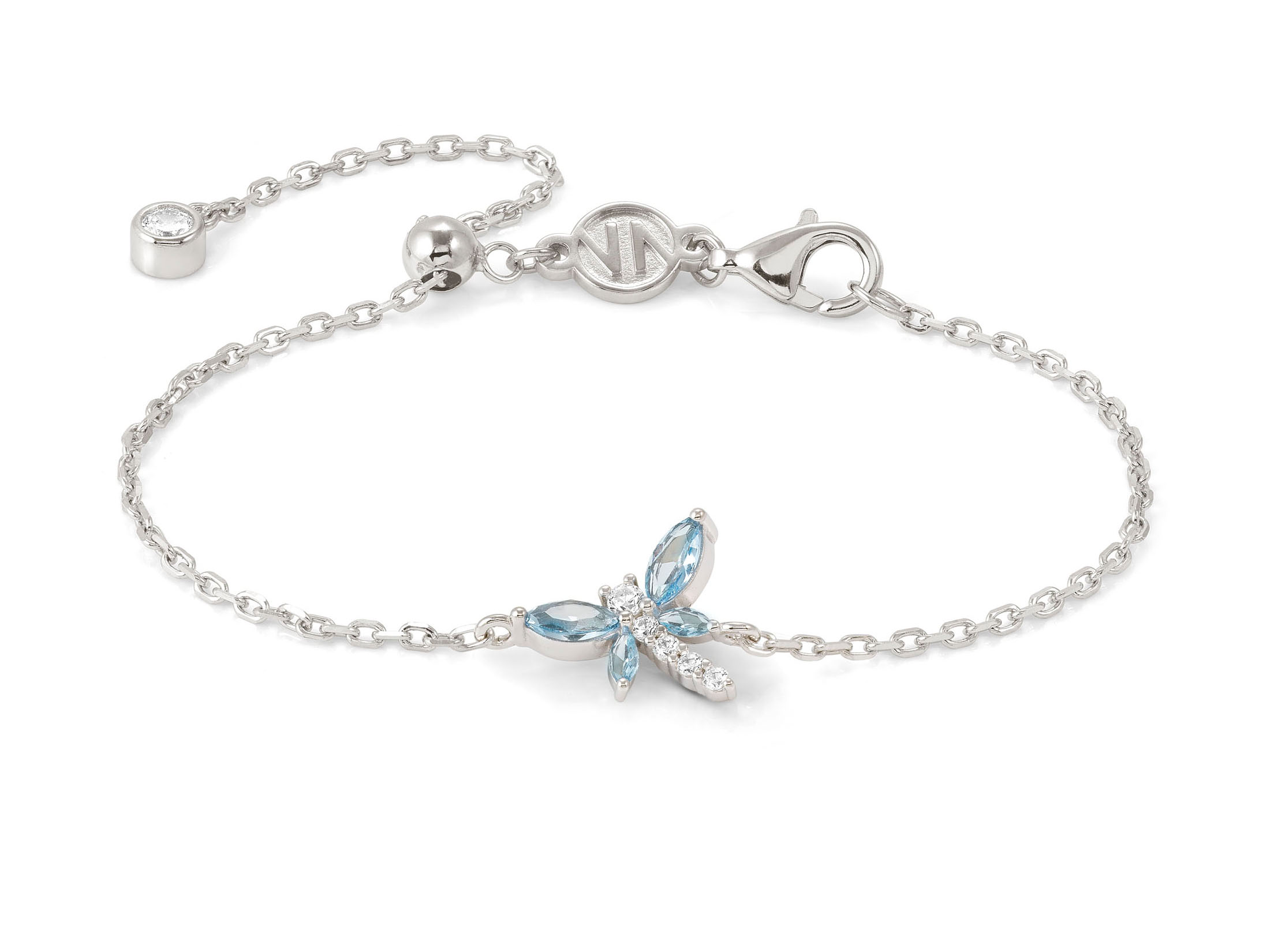 Elegantes Armband aus Sterling Silber mit einer Libelle aus Zirkonia in Weiß und Hellblau, eine feine Kette mit Karabinerverschluss, ideal für moderne Schmuckliebhaber.