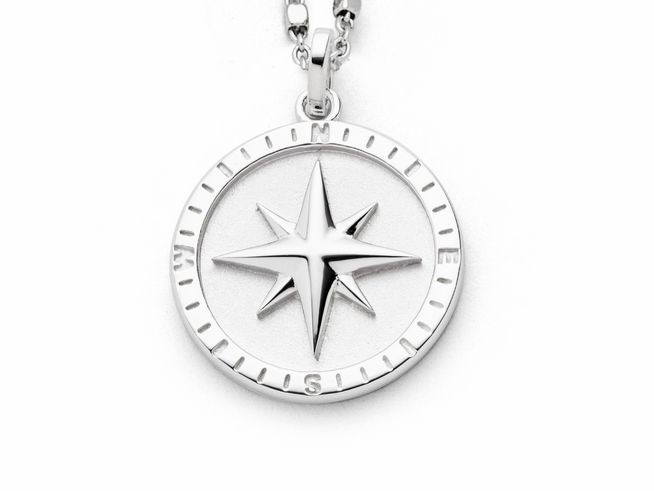 Sterling Silber Anhänger in Form einer Kompassrose mit rhodiniertem Finish, der eine klare und modern gestaltete Spitze zeigt, ideal für vielseitige Trageanlässe.