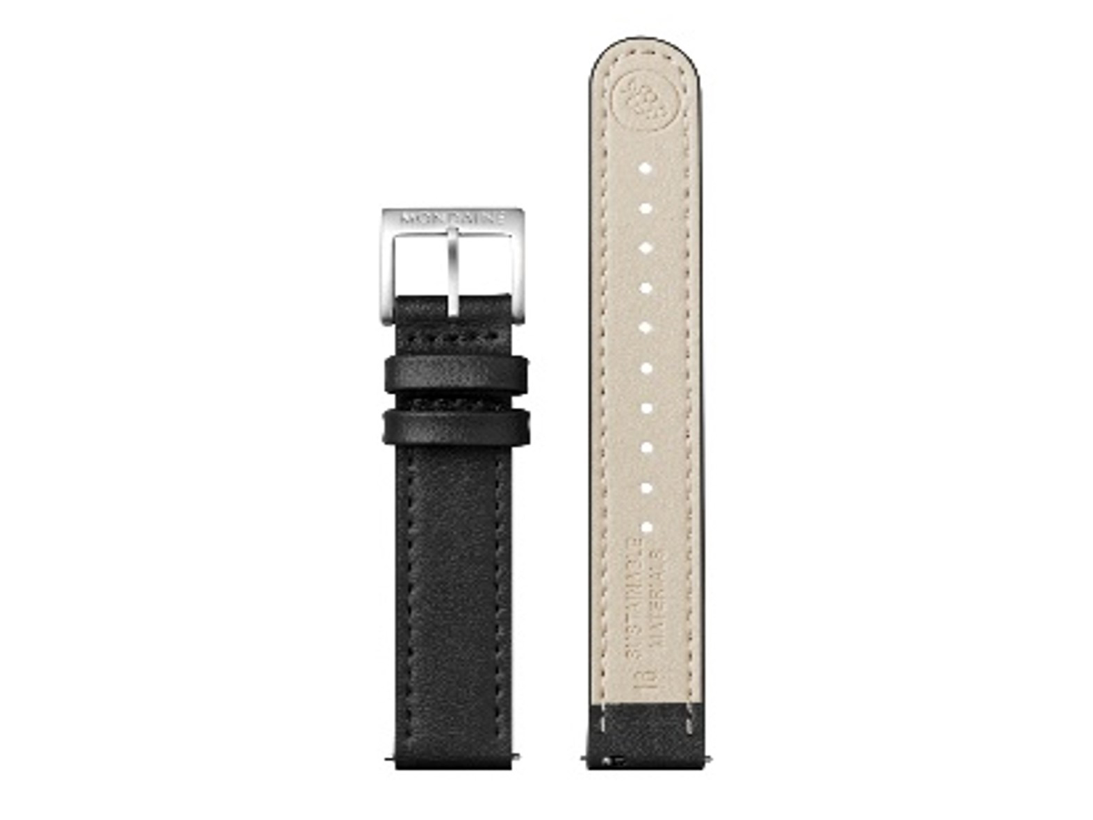 Mondaine Uhr Lederarmband FGM.3116.22Q.1.K aus veganem Traubenleder in Schwarz, 16 mm breit, mit einer silbernen Dornschließe und hellen Ziernähten auf der Innenseite.