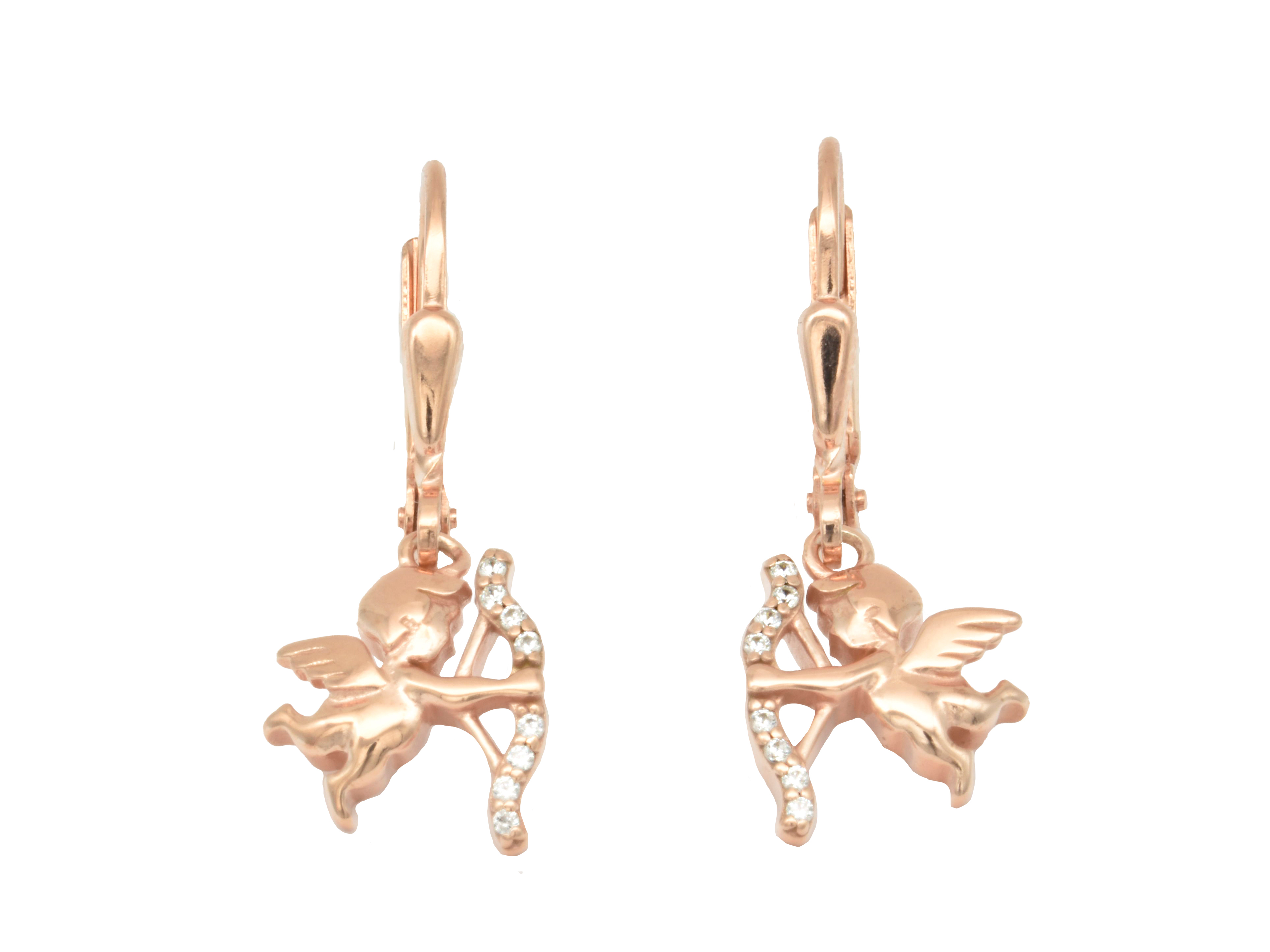 Silberne Ohrhänger in Form eines Engels mit Bogen aus vergoldetem Sterling Silber und polierten Oberflächen, verziert mit funkelnden Zirkonia, hergestellt von Juwelier Harnisch.