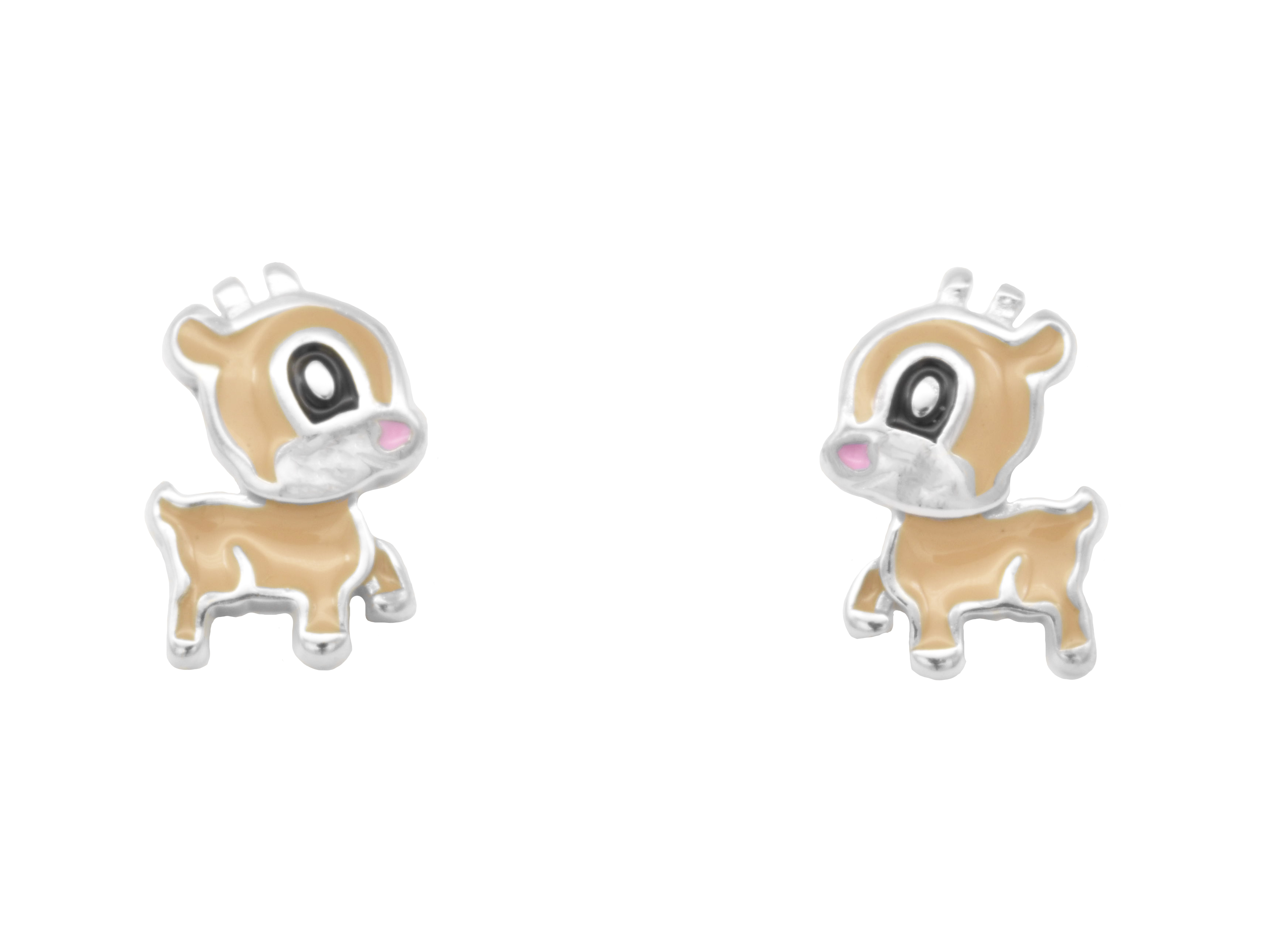 Ohrstecker in Form eines Reh Kitz aus Sterling Silber, rhodiniert und poliert, mit braunem Lack. Ideal für Kinder, hergestellt von Juwelier Harnisch.